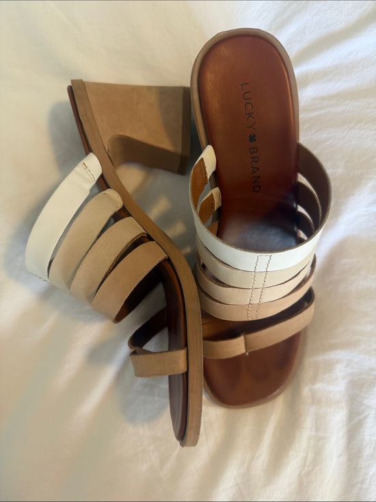 Lucky Brand Shoes - Lucky Brand Two-Tone Tan and White Strappy Block Heel Mules